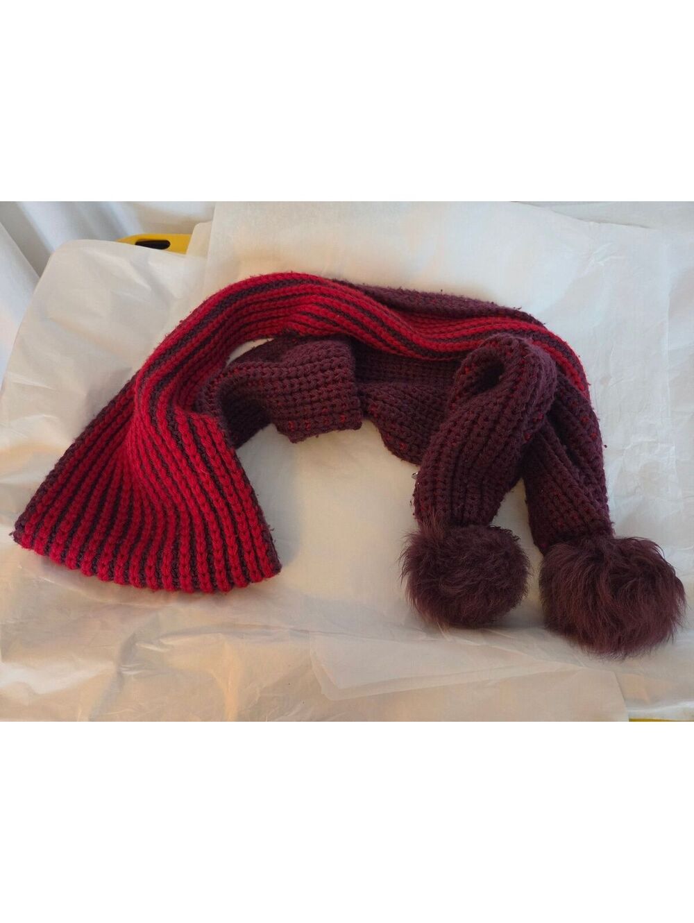 UGG Australia Wool Blend Chunky Knit Scarf Burgundy Red Faux Fur Pom Poms